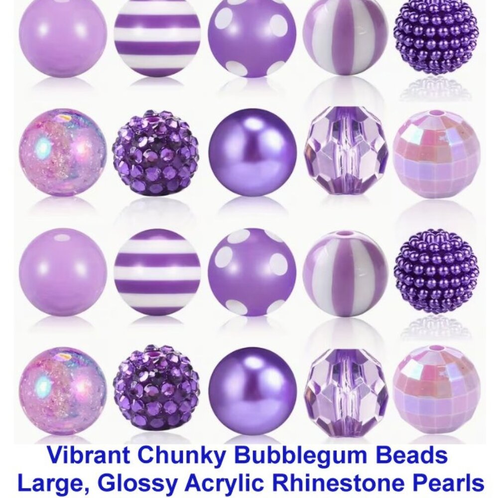 20 Vibrant Chunky Bubblegum Beads - Large,Glossy Acrylic Rhinestone Pearl Purple